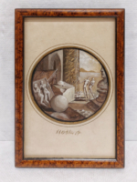 “Archaeologists” – Design: tempera on cardboard in grisaille or Camaieu painting. Fascination miniatures. Two figures discover a forgotten city, two others are looking at the panorama of a “destroyed?” city.
