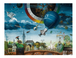 “Aer” – The panorama of a small town with airy cloud magic and bits and pieces flying around that says everything to the local: The poet Jean Paul, Dr. Erika Fuchs with Donald Duck and a disproportionate number of painters. And a traditional herbal liqueur factory, whose exhaust air occasionally impregnates the Old Town with a special odor.