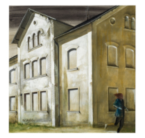 “Blind Date” – Design: acrylic on canvas. Melancholic impression when driving past a lonely house with bricked up “blind” windows and a lonely jogger.