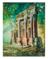 “The Tomb of Little Folichon” – Design: preliminary study for several panel paintings in acrylic on cardboard. Recreated Roman ruins are a relic of aristocratic educational needs. Margravine Wilhelmine von Bayreuth’s lap dog Folichon is said to be buried there.