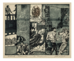 “The Rendezvous” – Design: separated aquatint etching divided into an image segment comic. Sheet 1 from the series of etchings: “Divine Comedy,” “Inferno,” Canto 5, Sheet 1/3 &quot;The Bridge&quot;