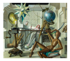 “The Telluric Cabinet” – Still life. Objects that suggest an astrological or astronomical interest. An old-fashioned school tellurium dominates the pictorial space; a mannequin representatively gazes into the cosmos. In the background is the figure of the earth mother Gaia (according to Hesiod), who holds her first son Uranus—the sky—in her hand.