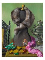 “The Russian Fur” – Still life. A splendid Russian silver fox on a tailor’s dummy flanked by typical accessories such as the inevitable samovar, a Fabergé egg, a toy Polikarpov biplane and “КОНФЕКТ,” a popular Russian confectionery.