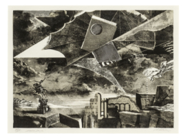 “Kite Flying” – Design: Tangier lithograph based on xylographed illustrations. Dramatic landscape with fortress architecture featuring the sculptures of a cavalry general flying a paper kite, not surprisingly resembling a fighter jet. Conclusion: from time to time the kites fly in the world.