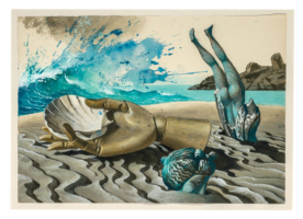 “Stranded Aphrodite” – Design: pen, acrylic paint, cardboard. Mythological digression: play with the insignia of Aphrodite or Venus: the surf foam, the shell. Here the rough landing on the beach.