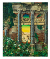 “Cassandra” – Exterior with architectural set pieces as a romantically staged commemoration of a heroic past. Overgrown by lush greenery, the ruin dominates the foreground of the picture, while through a window a female figure (Cassandra?), with a warning gesture, directs the view towards a different, inanimate world.