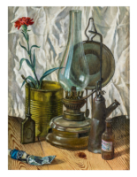 “Little Oil Study” – Design: acrylic, oil on canvas. Seemingly banal objects tell a story. Storage space or hobby room? The title of the picture plays with the motif: almost everything has to do with oil.