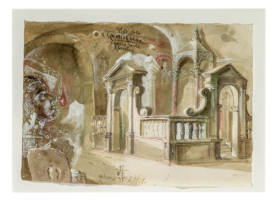 “Journey to Bolsena” – Design: colored ink drawing on handmade paper 2/4. Mystery plays in Bolsena at the Basilica of Santa Cristina with the AItare delle Quattro Collonne.