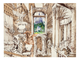 “Rom Anno Domini XII” – Design: Sepia pen drawing, washed and partially colored. The juxtaposition and superimposition of historical relics and contemporary architecture is impressive. A simultaneous, fantastically intricate view is closer than the postcard veduta.