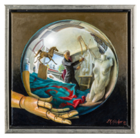 “Soap Bubbles, Pantheon” – Design: acrylic on canvas. Fleeting reflections of real motifs on the geometrically perfect shape of the sphere, such as on its iridescent soap bubble, random sections of a small world in the blackness of the infinite cosmos. The hand symbolizes reason to protect our world (sphere). Or also meaningfully: It is in our hands...