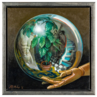 “Soap Bubbles, Pantheon” – Design: acrylic on canvas. Fleeting reflections of real motifs on the geometrically perfect shape of the sphere, such as on its iridescent soap bubble, random sections of a small world in the blackness of the infinite cosmos. The hand symbolizes reason to protect our world (sphere). Or also meaningfully: It is in our hands...