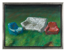 “Small Talk” – Design: acrylic on canvas. Real lost property: What do you think when you come across such a set of cemented seats in the landscape? Perhaps the regret of not being able to shove this set under some celebrities’ butts in a TV studio.