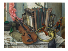 “Trio Instrumentale” – Still life. A chamber with discarded musical instruments. The variety of instruments as well as the other objects makes one think of a street music trio.