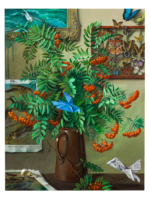 “Rowan Tree” – Still life. An old clay jug with a lush bouquet of branches from the rowan tree. Flora, among other things, set in relation to (flying) fauna, which in turn is alienated by origami paper objects. 